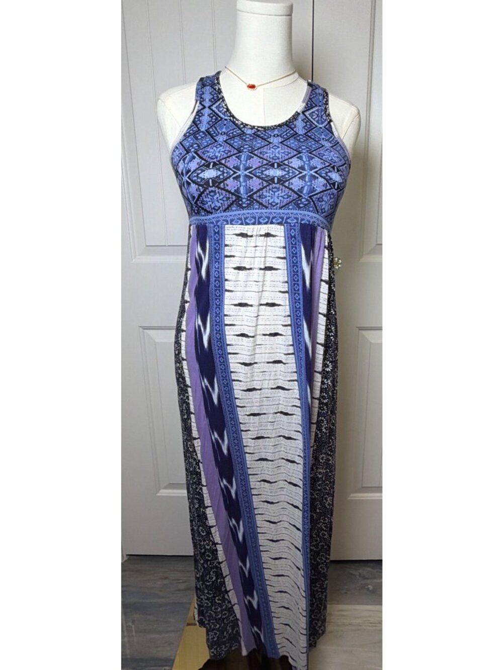 Patrons Of Peace Womens Boho Maxi Dress Blue Purple Patchwork Print Size S